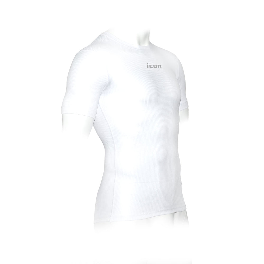 White short-sleeve base layer shirt with 'icon' logo 