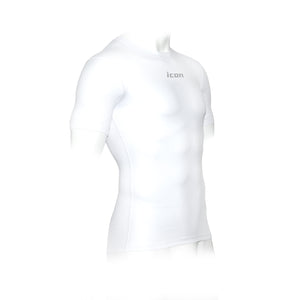 White short-sleeve base layer shirt with 'icon' logo 